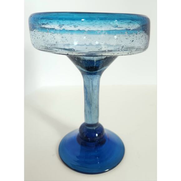 Set 4 Handblown Blue Glass Margarita Goblets Mexico Bubble Rim Vintage Barware - Picture 10 of 12